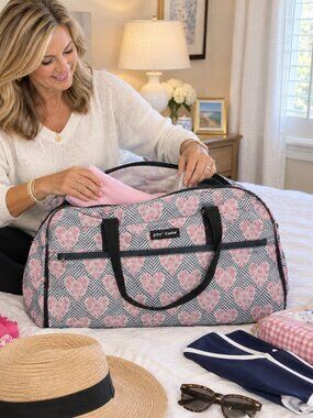 NWT - Betsey Johnson Chevron Hearts Weekender Rolling Duffle Bag - Pink and Gray